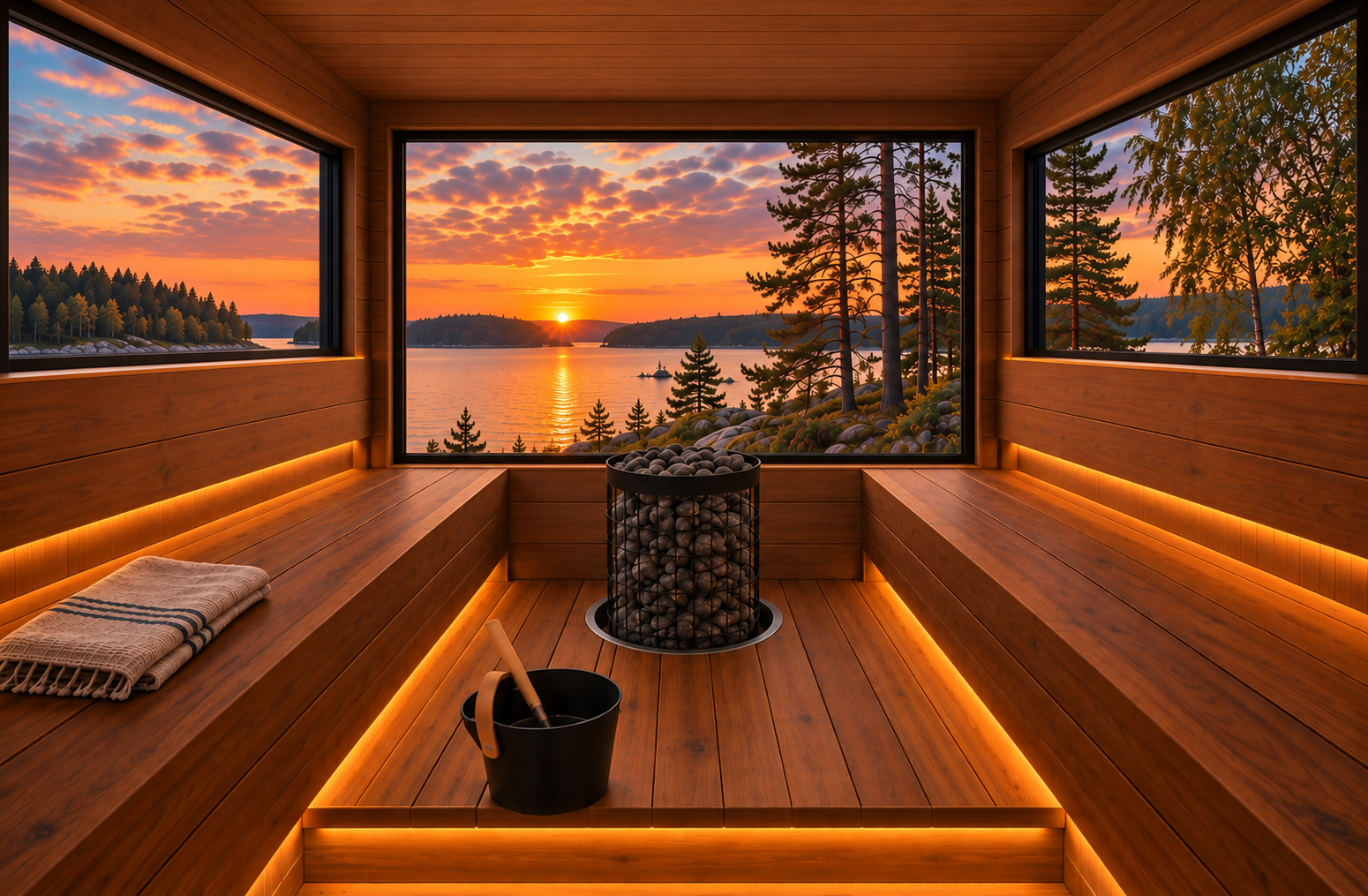 Grand Saunatuvan sauna ja suuret maisemaikkunat järvelle